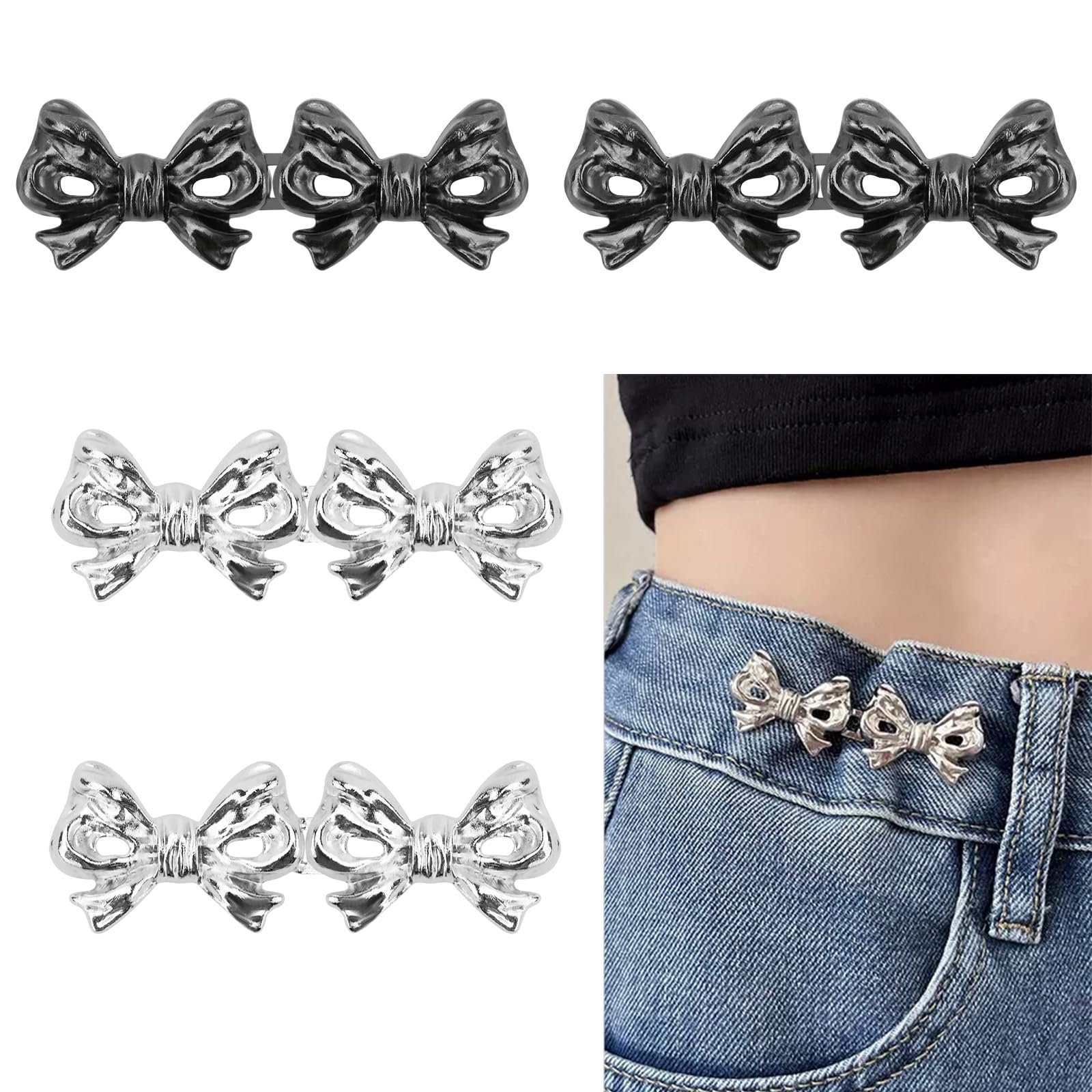 4 Pairs Bow Jeans Button Pins, Detachable Trouser Waist Tightener Adjustable Waist Buckle Tighten Waist Buttons No Sew Pants Waist Adjuster Clips for Loose Jeans Trousers