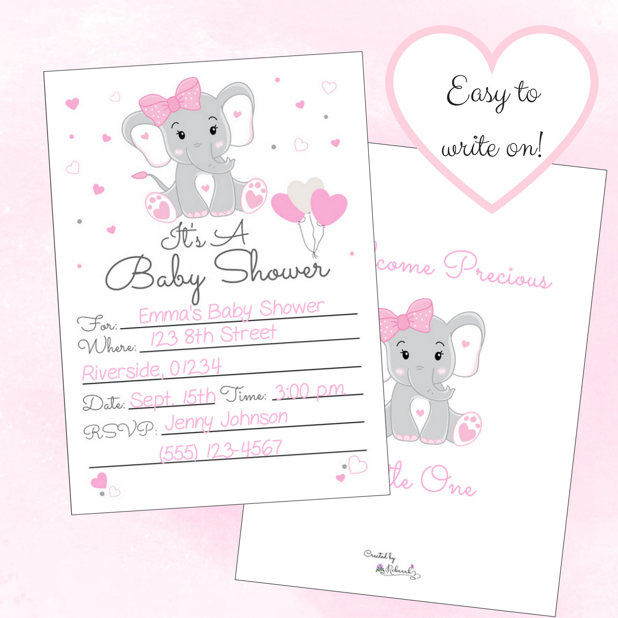 Pink Elephant Girl Baby Shower Invitations With Envelopes For