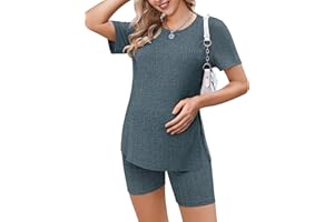 Ekouaer Women's Maternity 2 Piece Set Outfits Short Sleeve Shirts and Biker Shorts Ribbed Knit Pregnancy Pajamas Mama Clothes