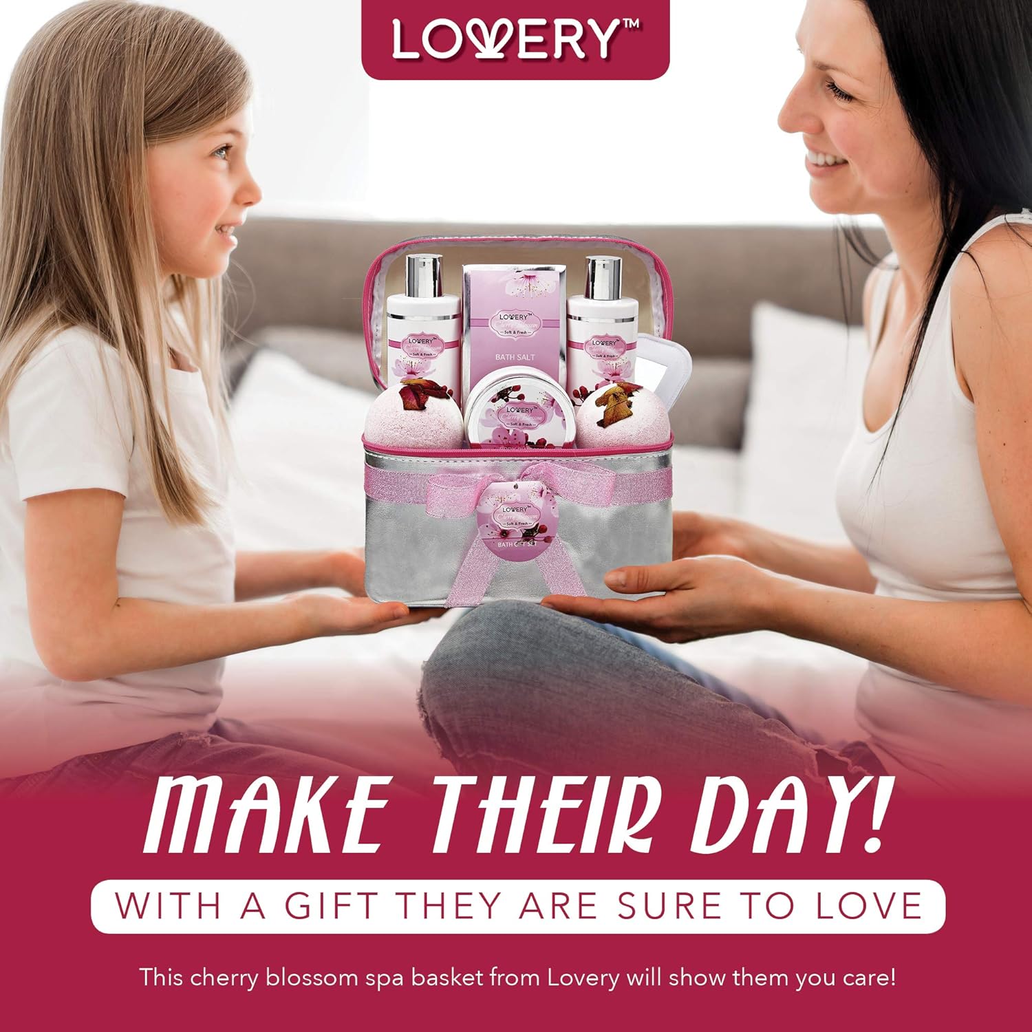 Bath and Body Spa Gift Basket Set for Women – Cherry Blossom Home Spa Set with Fragrant Lotions, 2 Extra Large Bath Bombs, Mirror and Silver Reusable Travel Cosmetics Bag and More: Health & Personal Care