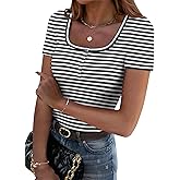 Zeagoo Womens Summer Tops Short Sleeve Shirts Ribbed Knit Square Neck Tshirt Casual Basic Slim Tee