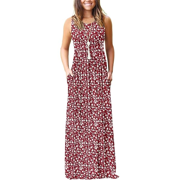 MOLERANI Women's Loose Summer Maxi Dress With Pockets - Red Flower Print, XS | Casual Long Sleeveless Dress For Beach & Vacation