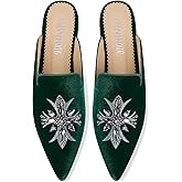 SINSIYONG Embroidered Mules for Women Pointed Toe Bejeweled Backless Velvet Flats Slides with Cruciate Flower Pattern