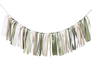 WAWUO Olive Green Birthday Background Banner - Gender-neutral baby baptism, woodland first birthday decoration, ivory, gold ribbon garland decoration and birthday decoration, photo booth photo props. (Sage)
