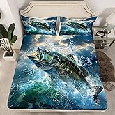 Feelyou Pike Fish Bed Sheet Set Twin Size Bass Big Fish Fitted Sheet for Kids Boys Girls Decor Fishing and Hunting Bedding Set Fisherman Fish Man Bed Cover Deep Pocket