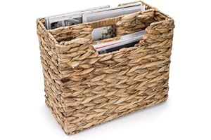 Yesland Hand-Woven Magazine Basket, Natural Narrow Water Hyacinth Holder Magazine Wicker Basket Organizer for Files, Decorative Divided Magazine Storage Basket Bin with Handle for Home, Office, Desk