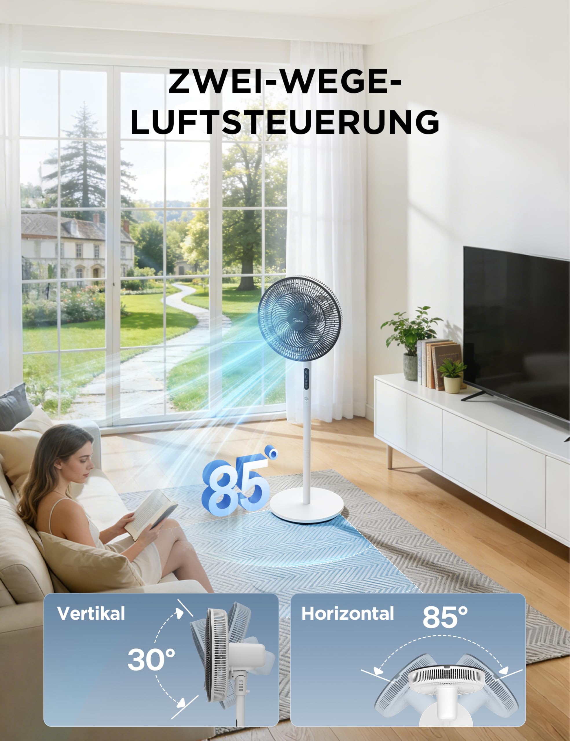 Midea Standventilator Leise mit Fernbedienung FS35-26XRD(BW), 3 Geschwindigkeitsstufen,LED Anzeige, 7,5H Timer, höhenverstellbar, 80°Oszil-lationsfunktion, 55W, Weiß, Zirkulator, 30-60-80-110cm 7