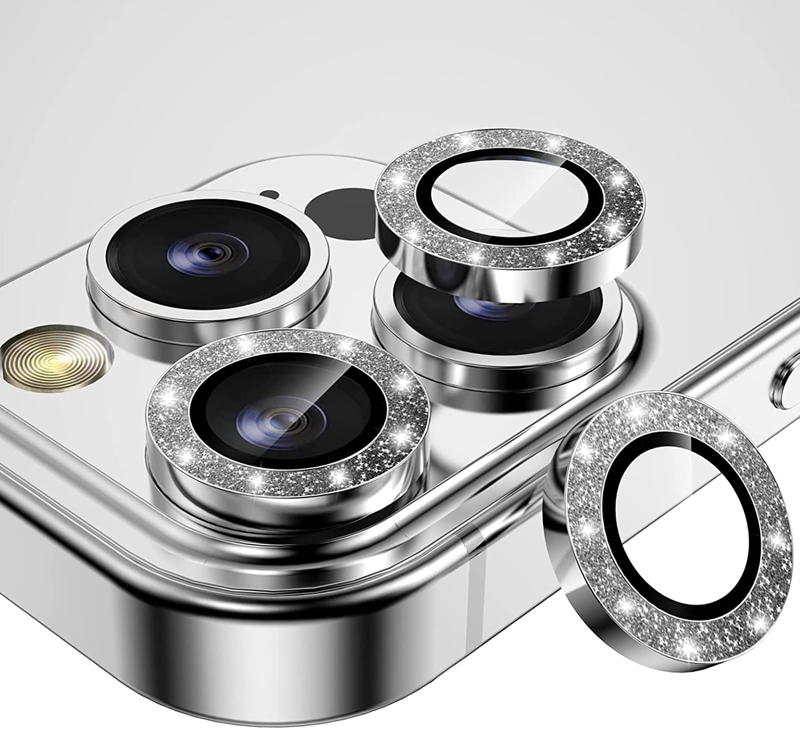 EKAM Camera Lens Protector for iPhone 13 Pro 6.1-Inch and iPhone 13 Pro Max 6.7-Inch 9H Tempered Glass Aluminum Alloy Metal Individual Ring Cover HD Clear Bubble Free Protection (Glitter Silver)