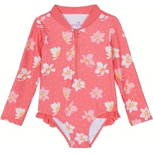 Dreamwave Girls' One Piece Bathing Suit Infant to Toddler | Fully Lined, Zip Front, Snap Closure, Ruffle Trim