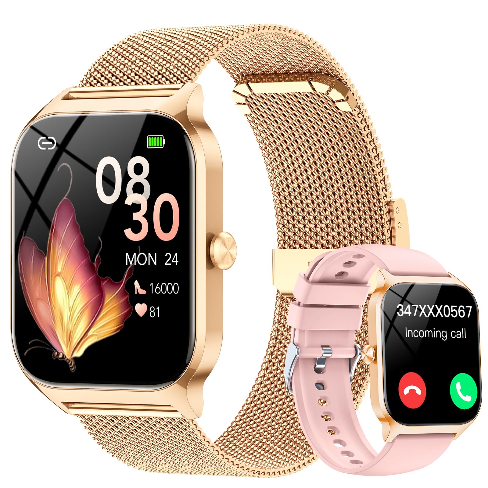 Photo 1 of CASCHO Smart Watches for Women (Android/iOS), 1.85" HD Smart Watch with Calls/Messages/AI Voice Control, Sleep/Heart Rate, 120+ Sports Modes Fitness Tracker Watch, Gold & Pink Dual Strap