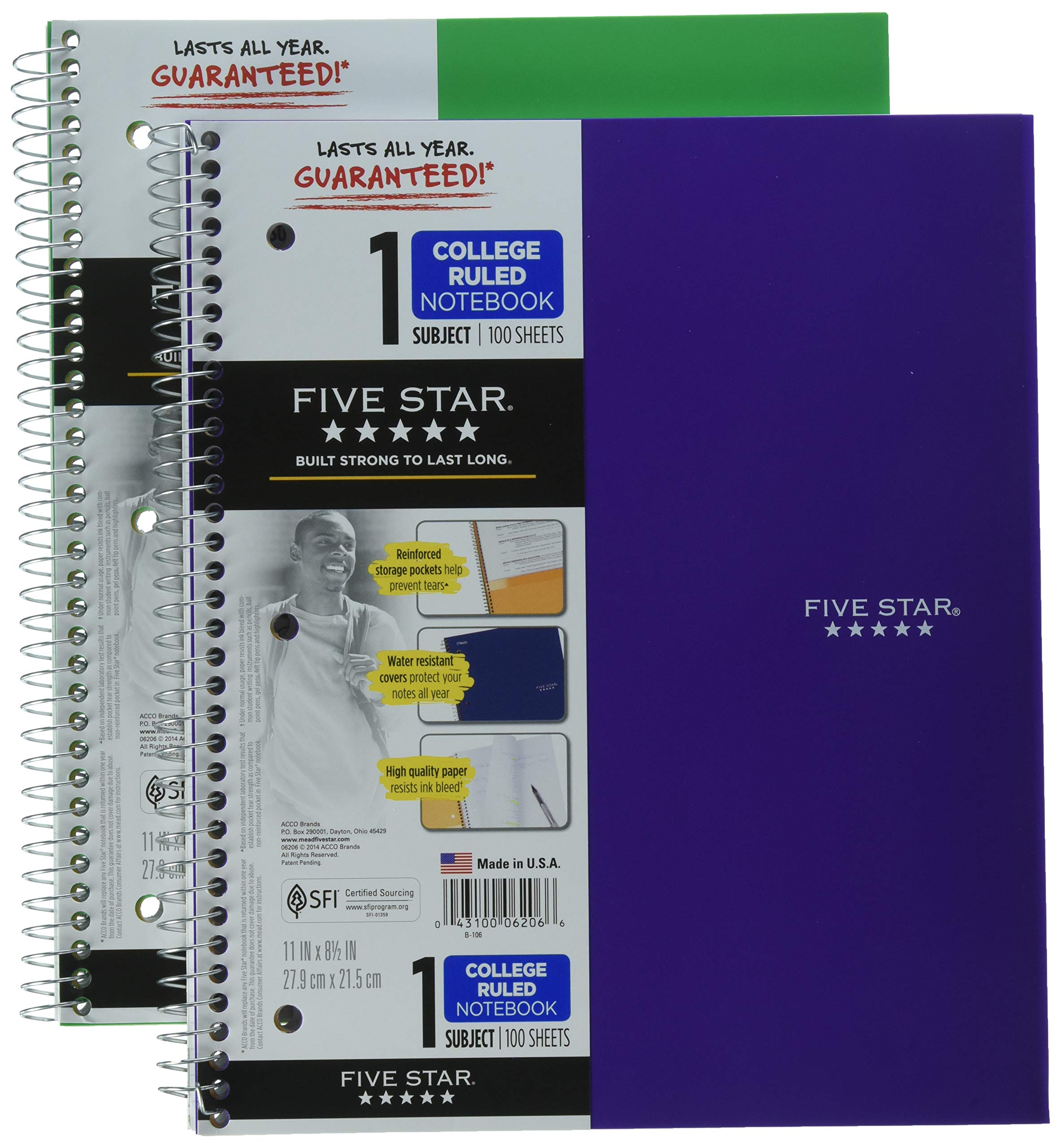 Five Star Spiral Notebooks Plus Study App, 2 Pack, 1-Subject, College Ruled Paper, 11" x 8-1/2", 100 Sheets, Forest Green, Amethyst Purple (38451)