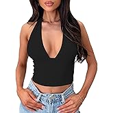 Balimtoy Halter Tops for Women Y2k Deep V Neck Backless Going Out Crop Tank Top Sexy Summer Cami Shirts