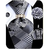Kerfado 5PCS Mens Silk Designer Tie, Pocket Square, Cufflinks, Drilled Tie Ring and Lapel Pin Set for Wedding Groom Party