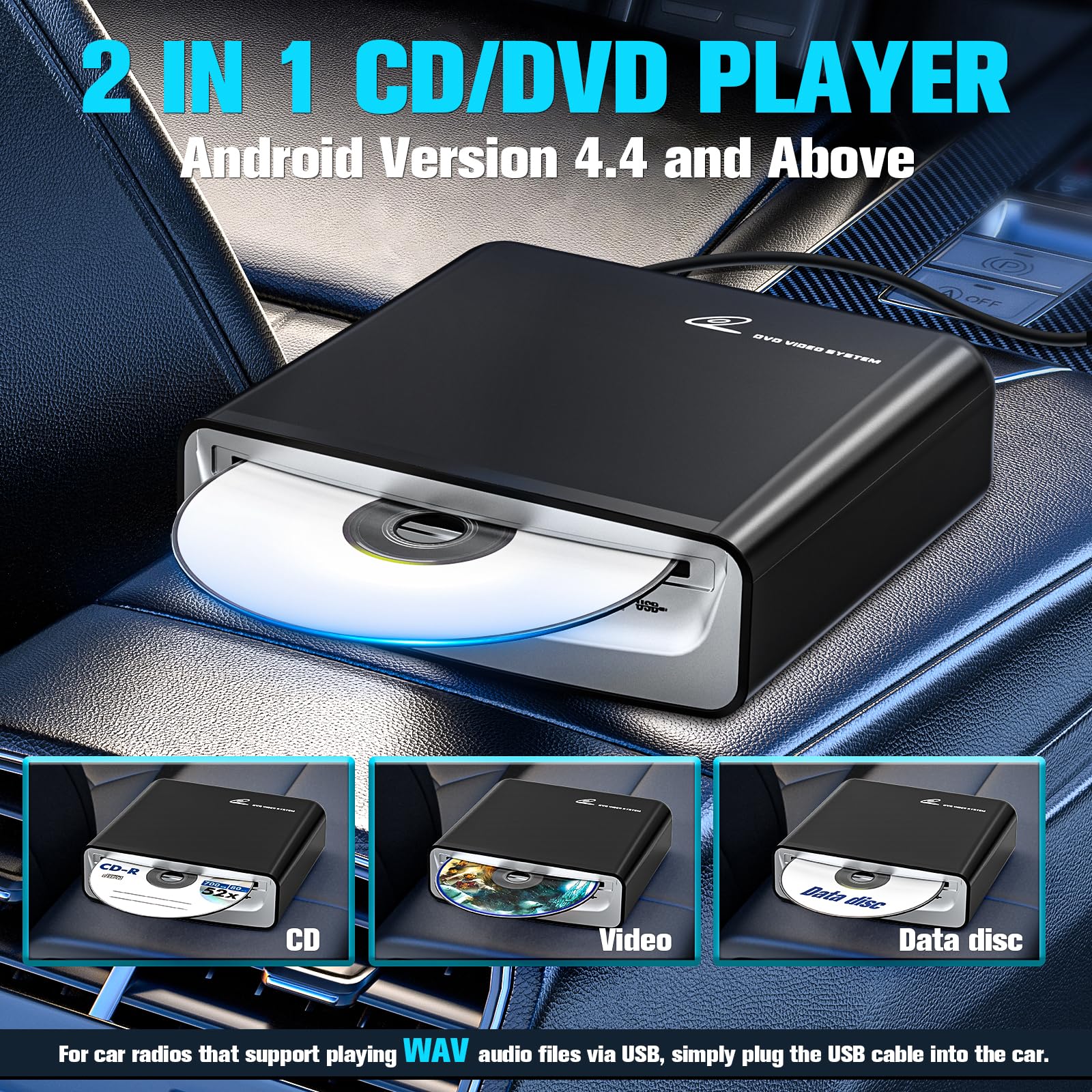 CD Player for Car with USB & AUX Ports, Upgraded Portable External CD DVD Player for Car Laptop Desktop TV Mac Computer, with Extra USB Extension Cable