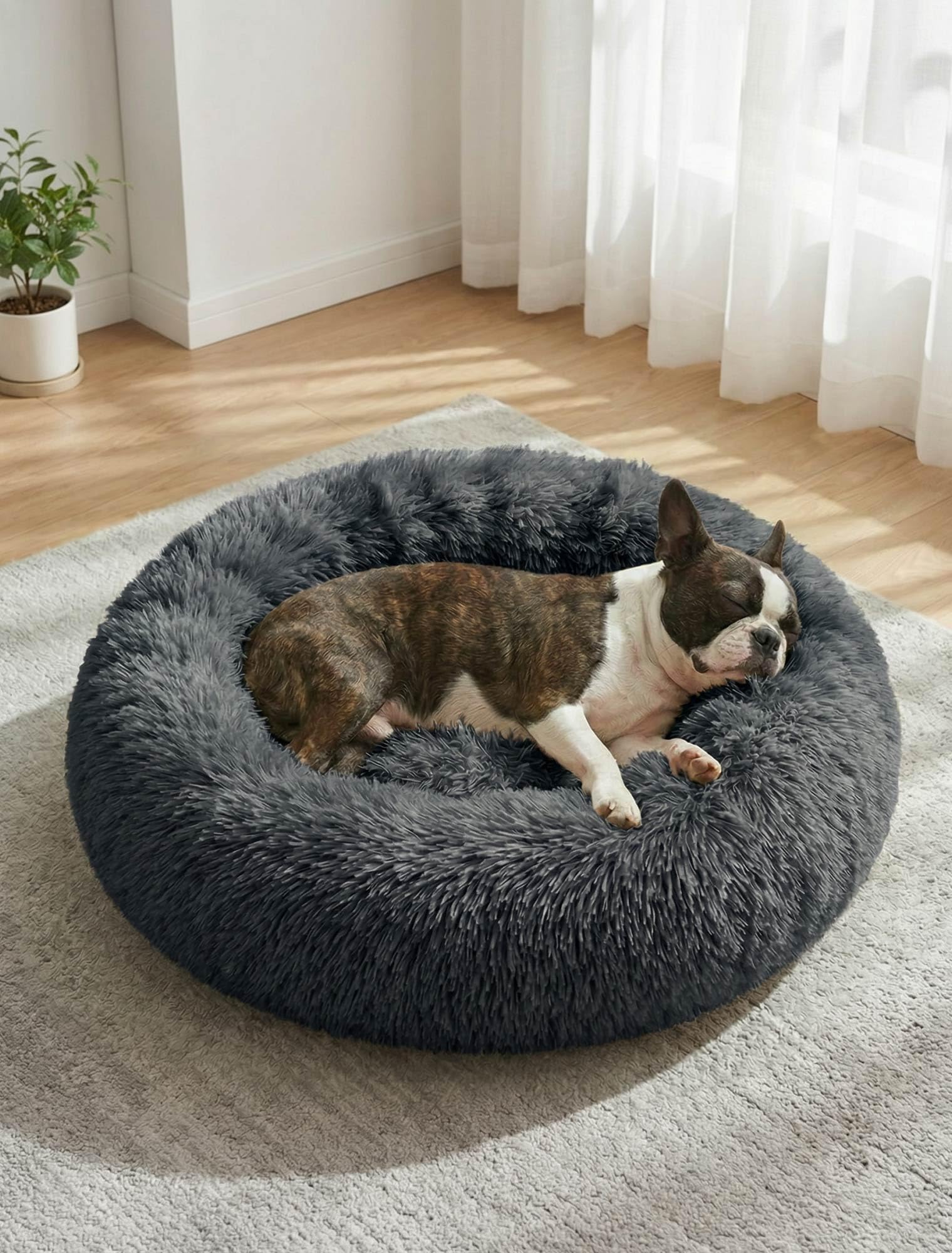 Comfy Donut Dog Bed Medium Washable - Anti Anxiety Stress Relief Calming Ped Bed - Luxury Warm Fluffy Improved Sleep Amazingly Cat Bed Cuddler - Plush Anti Slip Round Bottom Puppy Nest (L,Dark Gray)
