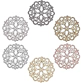 PH PandaHall 6 Colors 60pcs Flower Filigree Connector Tibetan Charm Pendants Round Filigree Metal Embellishments Findings for DIY Hairpin Necklace Jewelry Making, 29mm/1.14 inch