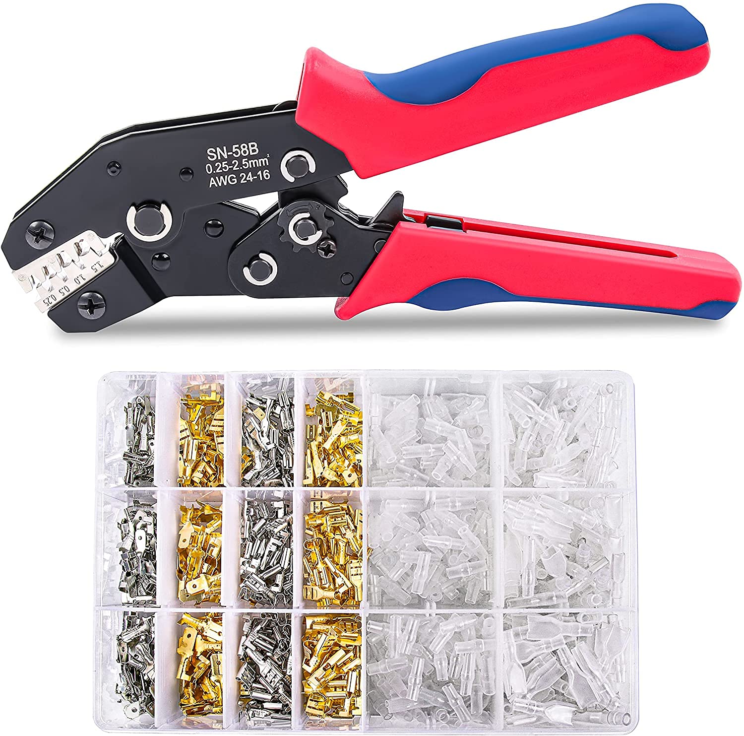 Flytuo SN-58B Crimping Tool Kit with 720PCS Open Barrel Terminals, AWG 24-16 (0.25-2.5mm²), Non-Insulated Crimper Plier for JST, Dupont, Molex, Amon, Amphenol Terminals — image 1
