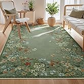 Wonnitar Washable 5x7 Area Rugs, Green Floral Rugs for Bedroom, Non-Shedding Living Room Throw Rug, Botanical Dining Room Floor Carpet for Bedside Kids Girls Bedroom (Green,5'x7')