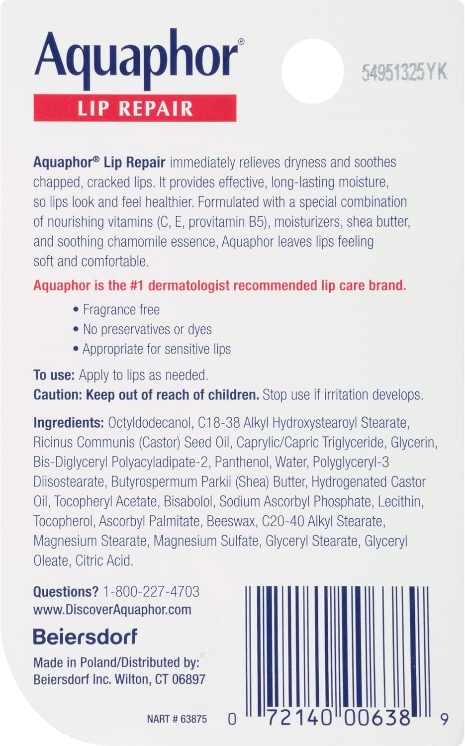 Aquaphor Lip Repair Ointment - Long-lasting Moisture to Soothe Dry Chapped Lips Tube, 0.35 Fl Oz (Pack of 1) : Beauty