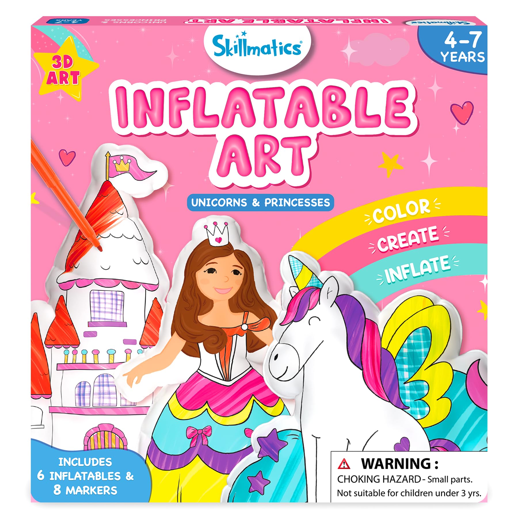 Skillmatics Inflatable Art for Kids - 3D Unicorns & Princesses, Preschool Craft Kits, Fun DIY Activity, Colouring Set, Gifts for Boys & Girls Ages 4, 5, 6, 7