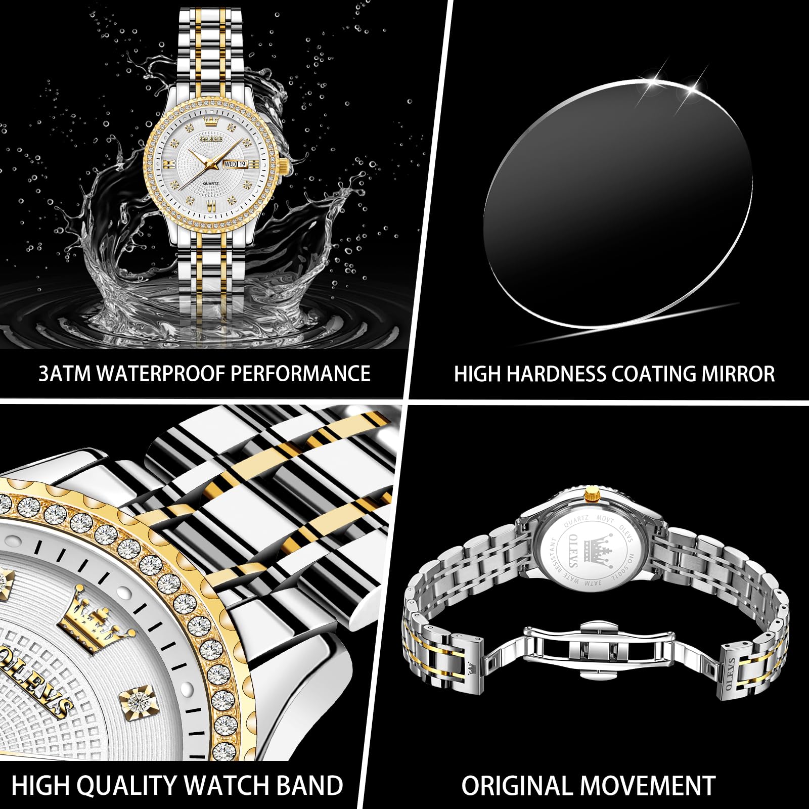 OLEVS Womens Watches Small Face Ladies Watches for Women with Day Date Diamond Silver Gold Two Tone Stainless Steel Waterproof Analog Reloj para Mujer Classic Fashion Dress Quartz Womens Wrist Watch