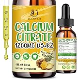 Calcium Citrate 1200 mg with Vitamin D3 Liquid Drops for Women & Men, Calcium Citrate with Vitamin D3 & K2 for Bone Muscle & Teeth- 2 Fl oz- 30 Day Vegan Supply