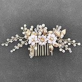 PRETTYLIFE Metal Flower Side Combs Bridal Wedding Floral Crystal Pearl Gold Leaf Vine Hair Pins Accessories for Women Prom