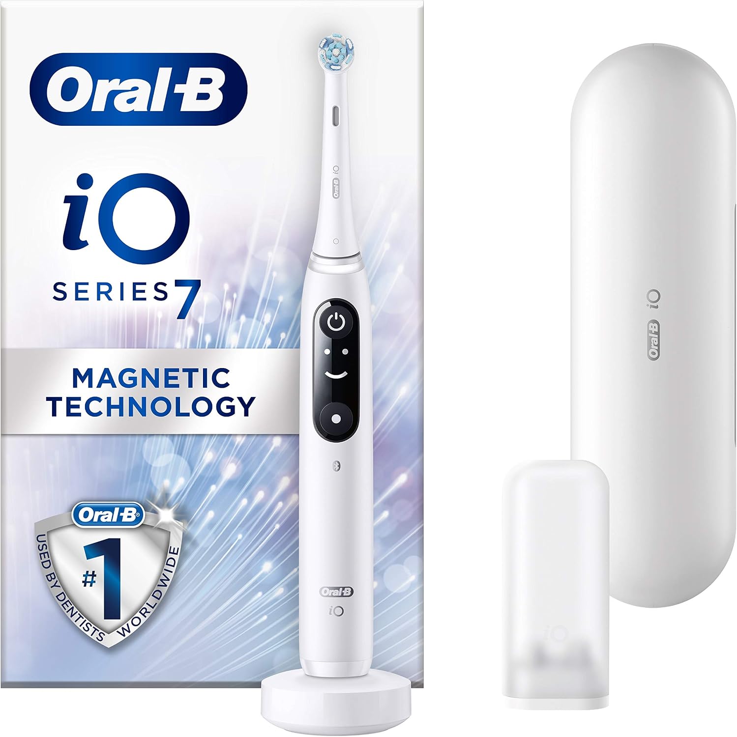 Oral-B iO7 Electric Toothbrushes for Adults App Connected Handle, 1 Toothbrush Head & Travel Case, 5 Modes with Teeth Whitening, White