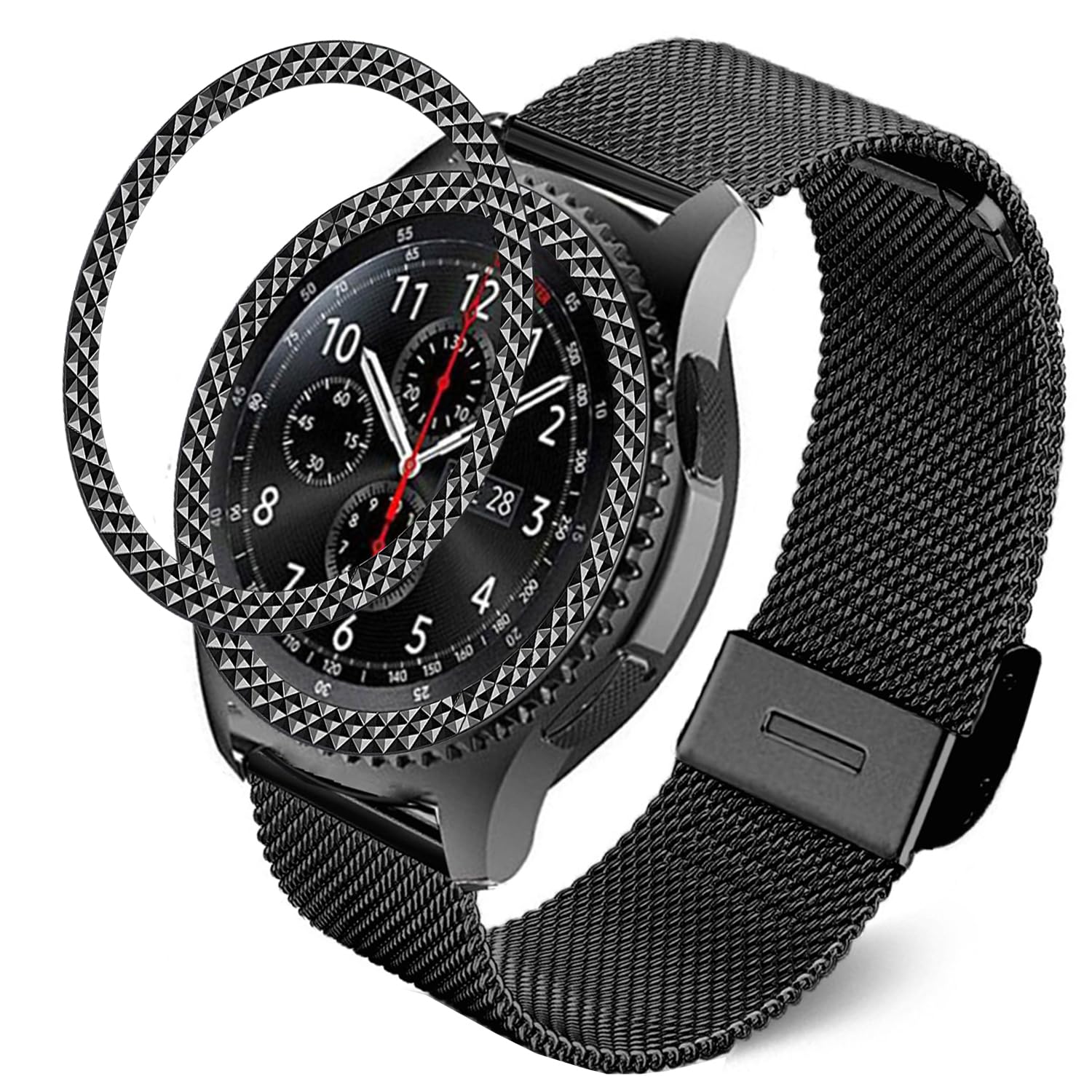 DEALELE Strap Compatible with Samsung Gear S3 Frontier / Classic / Galaxy Watch 46mm, 22mm Stainless Steel Mesh Bracelet with Rhombus-Texture Bezel Ring Case Cover Replacement for Women Men, Black