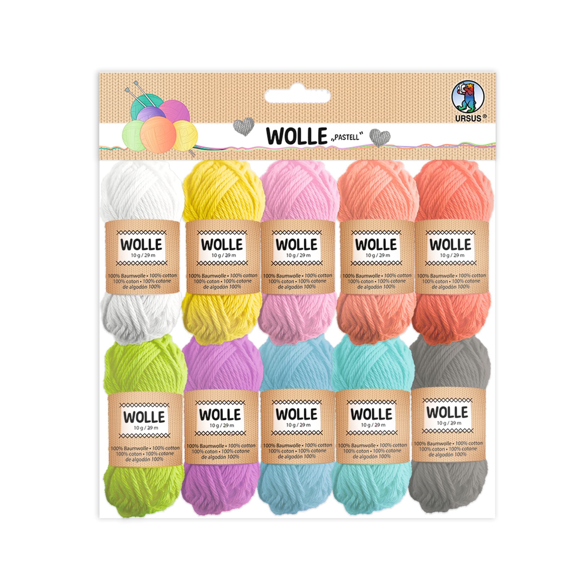 Ursus Pastel Wool 100% Cotton, Balls g / 29 m, in 10 Colours, for Knitting and Crocheting and Small Craft Projects, One Size