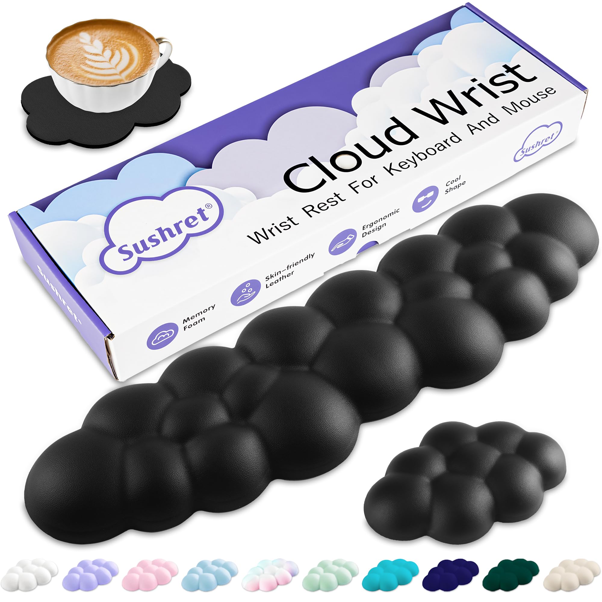 Sushret Cloud Wrist Rest Keyboard, Cloud Palm Rest Set with PU Leather Memory Foam, Cute Keyboard Rest for Wrist Support and Arm Rest, Desk Cloud Wrist Pad for PC/Gaming/Hand Cushion/Computer-Black