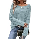 CFLHN Women's Sweater Soft Boat Neck Long Sleeve Oversized Sweaters Crochet Pullover Knit Tops