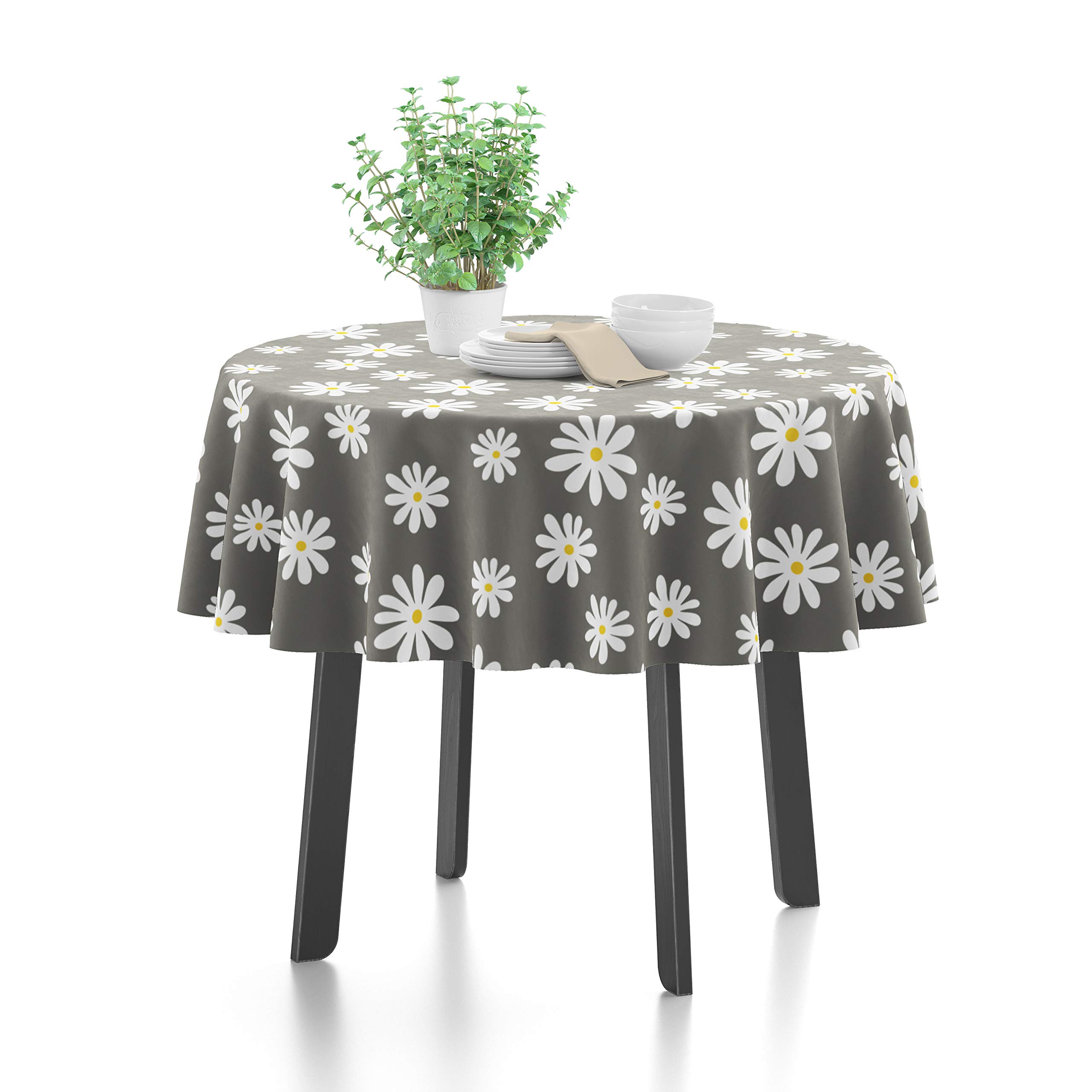 Encasa XO Printed Tablecloth 145 cm-Round for 4 Seater Dining Table of length upto Round, 100% Cotton, Machine Washable, Durable, Rectangular, for Home, Restaurant, Banquet - Daisy Grey