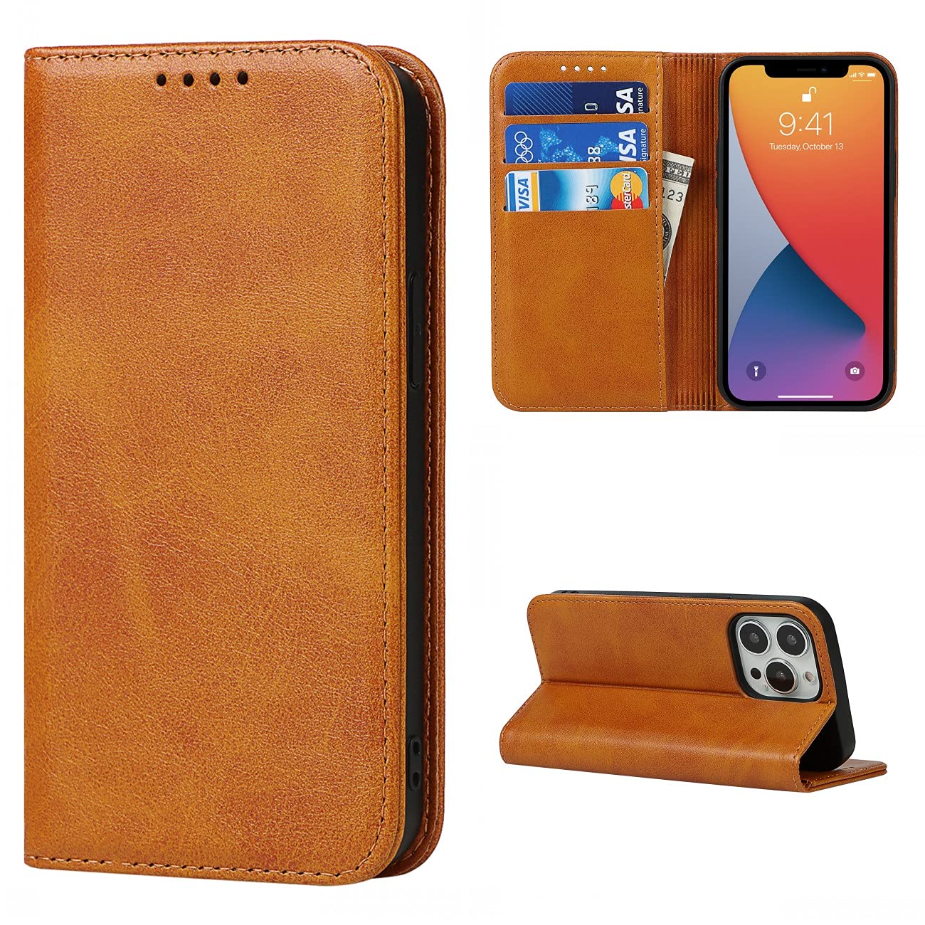 Copmob iPhone 13 Pro Case, Flip Wallet Leather Case [3 Slots] [Stand Function] [Magnetic Closure] Flip Cover Case for iPhone 13 Pro – Light Brown