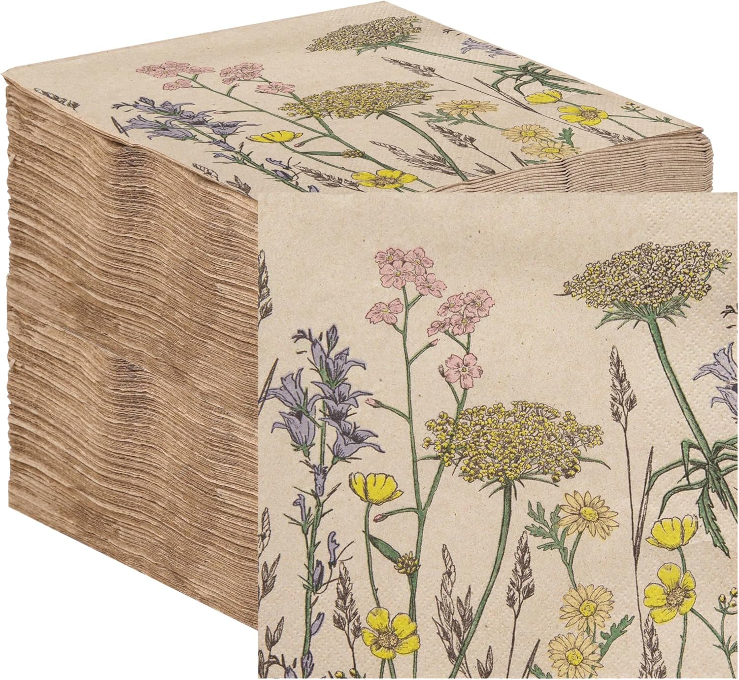 Table Kind 100 x Soft Recycled Paper Napkins, 2ply, 33cm Spring Wildflower Floral Napkins for Disposable Party Serviettes for Easter Weddings Eco-Friendly, Kraft Unbleached Home Compostable