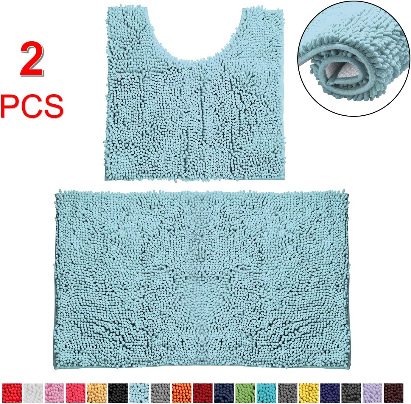 Bathroom Rugs Chenille Bath Mat Set, Soft Plush Non-Skid Shower Rug +Toilet Mat. (SPA Blue): Kitchen & Dining