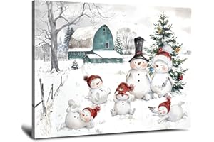 HLJ ART Snowman Christmas Pictures Wall Decor: Christmas Canvas Wall Art Winter Snowman Family Poster Blue Barn Prints Paintings Farmhouse Christmas Decorations for Home Bedroom Living Room 10" x 12"
