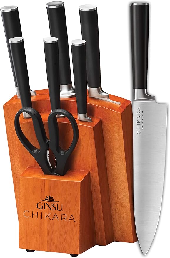 Amazon Com Ginsu Gourmet Chikara Series Forged 8 Piece Japanese Steel Knife Set Cutlery Set 7 Stainless Steel Kitchen Knives 420j 1 Finished Hardwood Block 07138ds Boxed Knife Sets Kitchen Dining