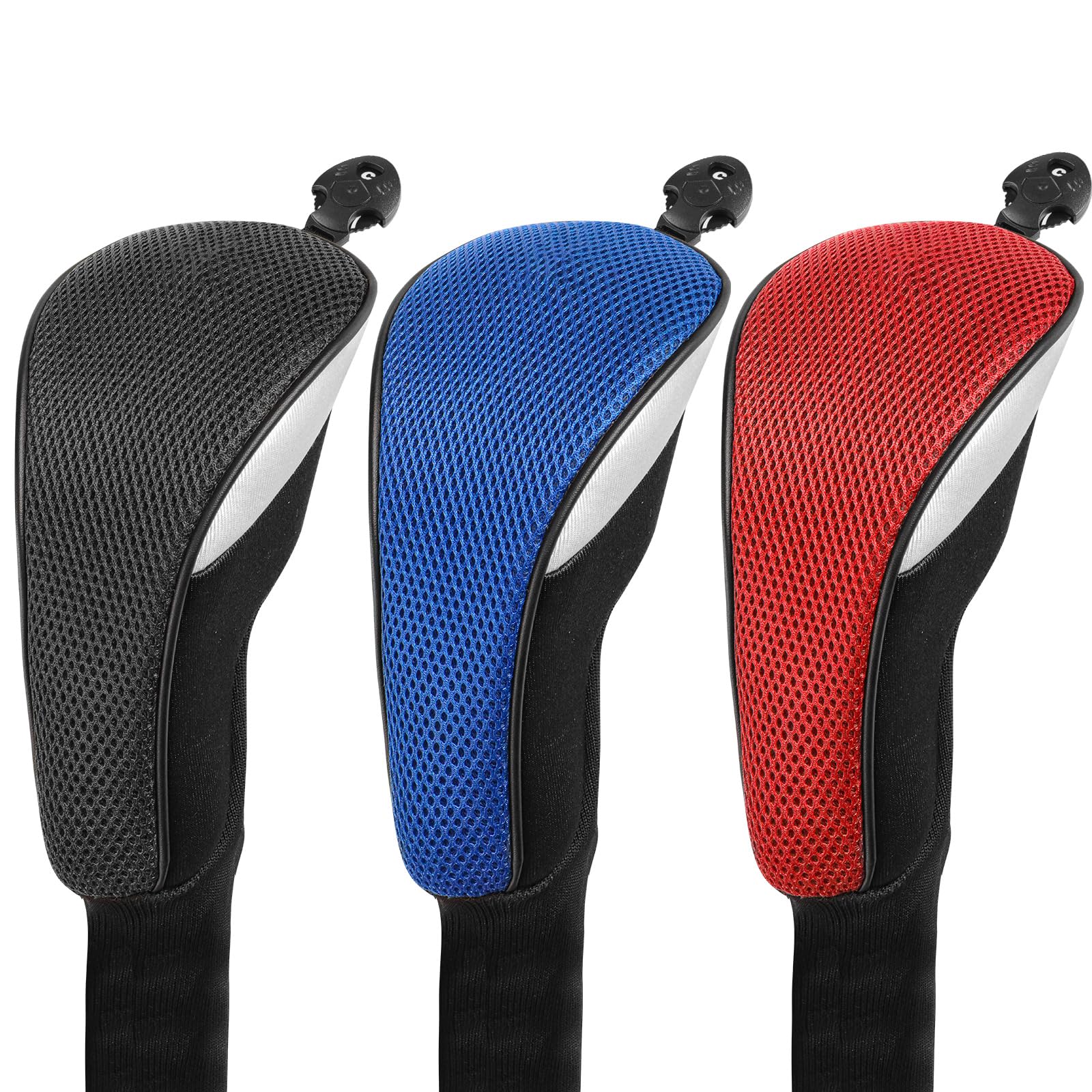 Golf Club Wood Head Cover for Hybrid Woods Protection Stylist 3 Pcs Mixed Color, Golf Accessories Head Covers Set with Interchangeable Tags (Black+Blue+Red)