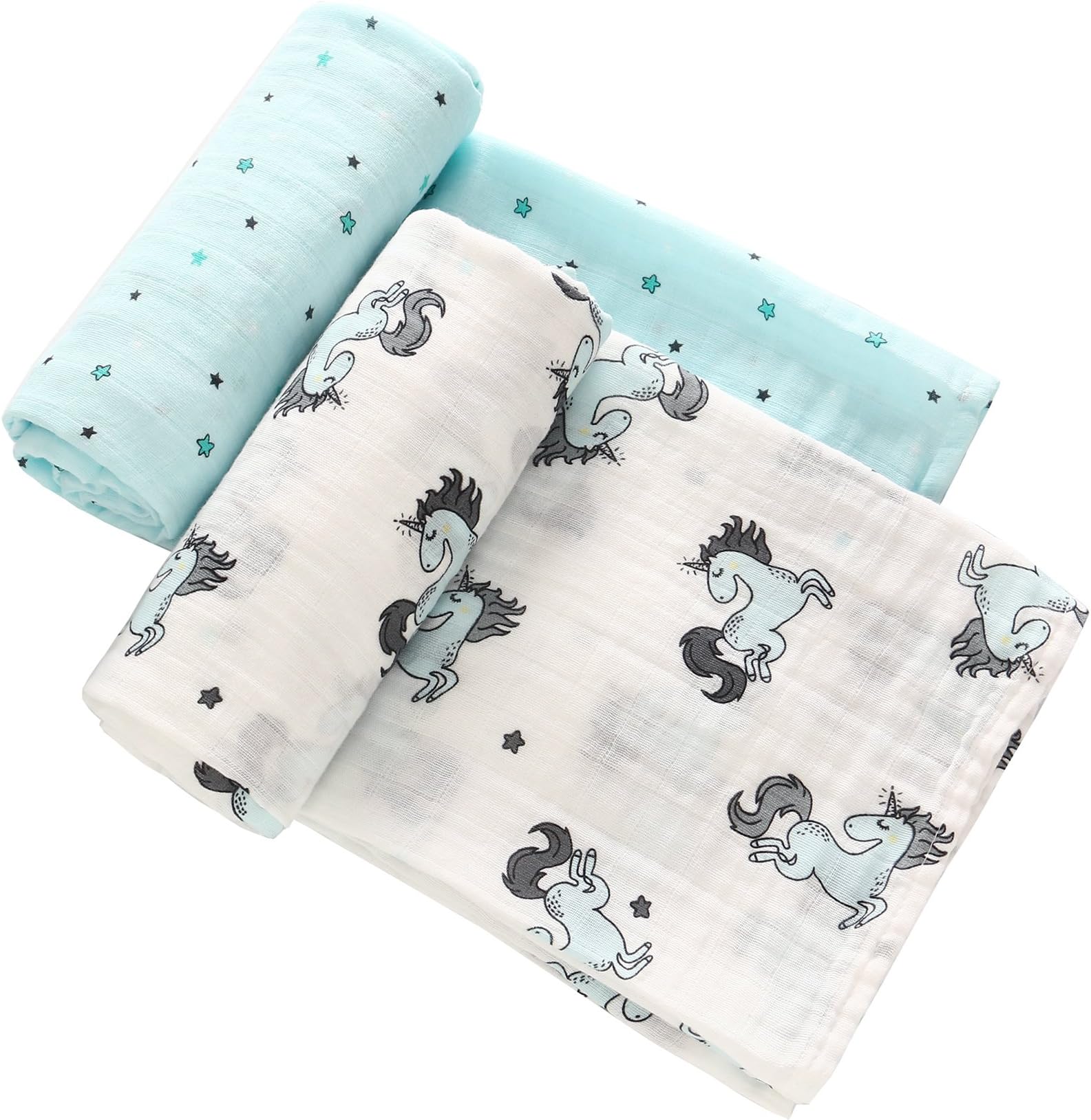 Ultra Soft Pure Cotton Muslin Swaddle Blanket, 47"x47", 2 Pack Blue Unicorn & Star Print, Baby Swaddle Wrap, Receiving Blankets, Burping Cloth & Stroller Cover