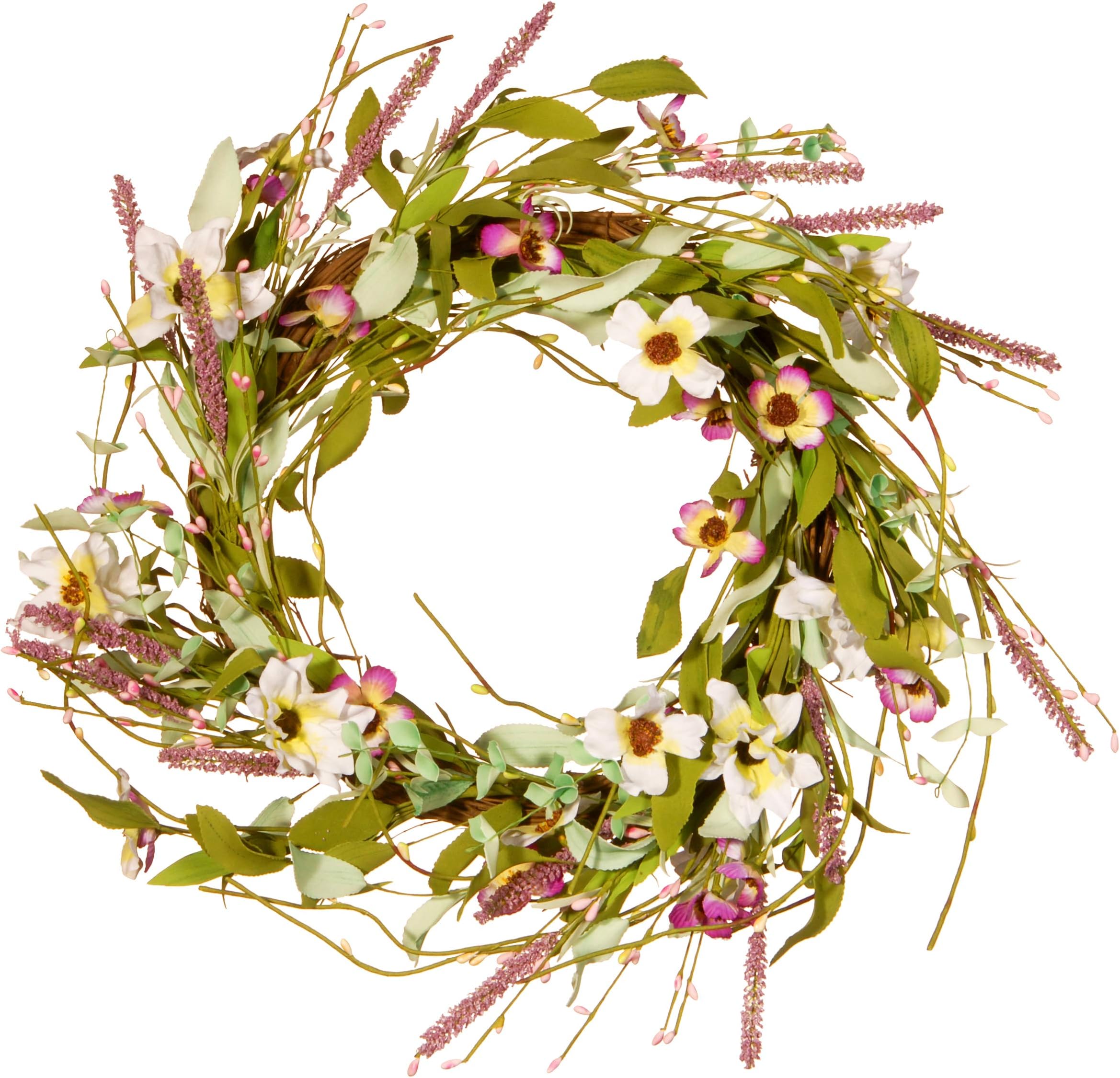 National Tree Company Artificial Hanging Wreath, Woven Branch Base, Decorated with Assorted Flowers, Seed Pods, Leafy Greens, Spring Collection, 22 Inches