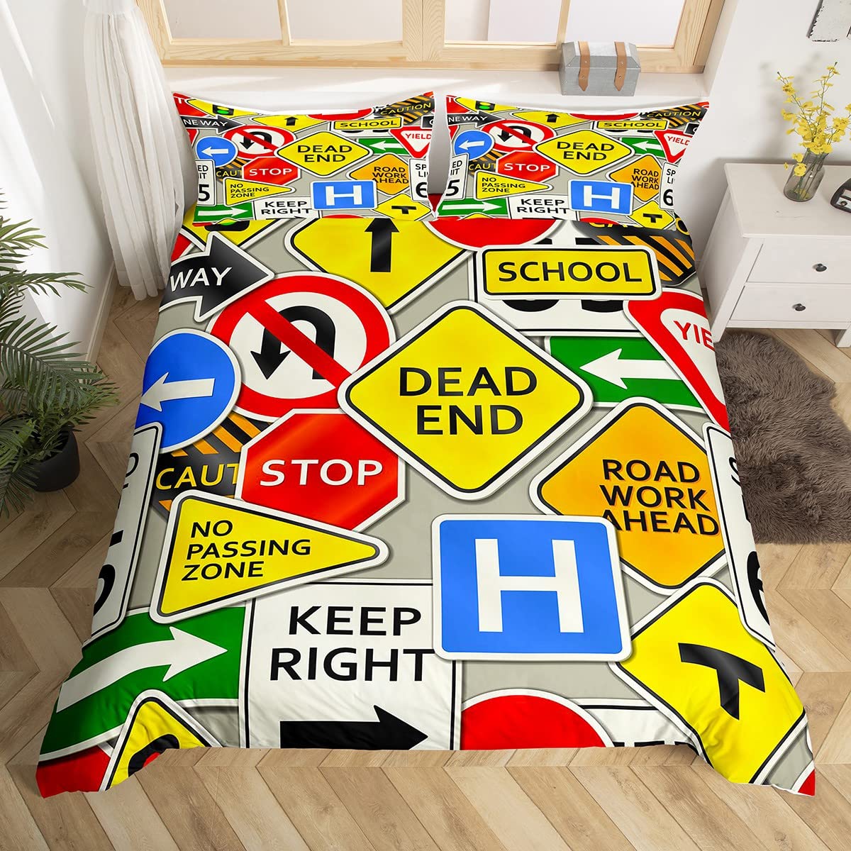 Loussiesd Car Duvet Cover Boys Cartoon Road Sign Bedding Set For Kids Vehicle Ultra Soft Colorful Signpost Comforter Cover Set Quilt Cover Single Size Zipper
