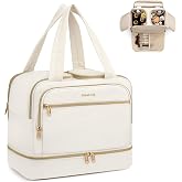 Hanke Travel Toiletry Bag, Lightweight Wide-open Large Toiletry Bags for Women, Dual-Layer Makeup Bag Water-Resistant Cosmetic Travel Bag with Handle for Accessories, Essentials, Off White