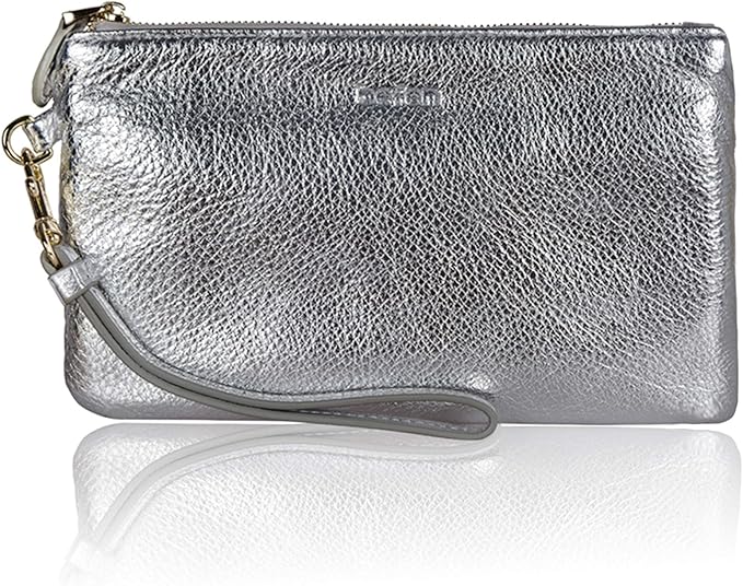 Befen Women Genuine Leather Evening Wristlet Chic Designer Clutch Wallet Smartphone Wristlet Purse - Metallic Silver best women's wristlets