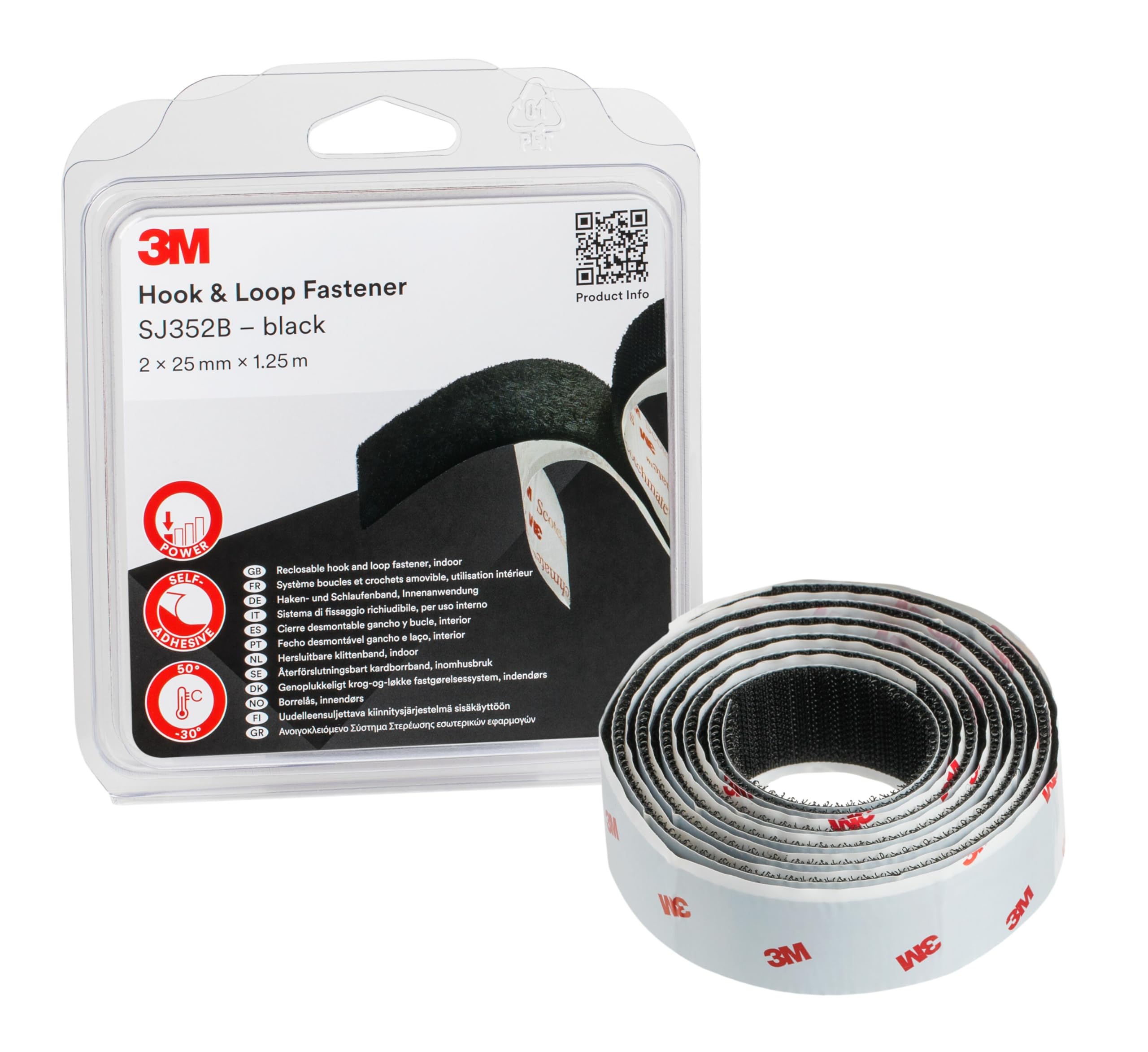 3M Hook & Loop Reclosable Fastener SJ352Bbk - offers a simple alternative to zips, screws, snaps, hooks, bolts and more - best suited for indoor use - 2 x 25mm x 1.25m, Black (1 Blisterpack)