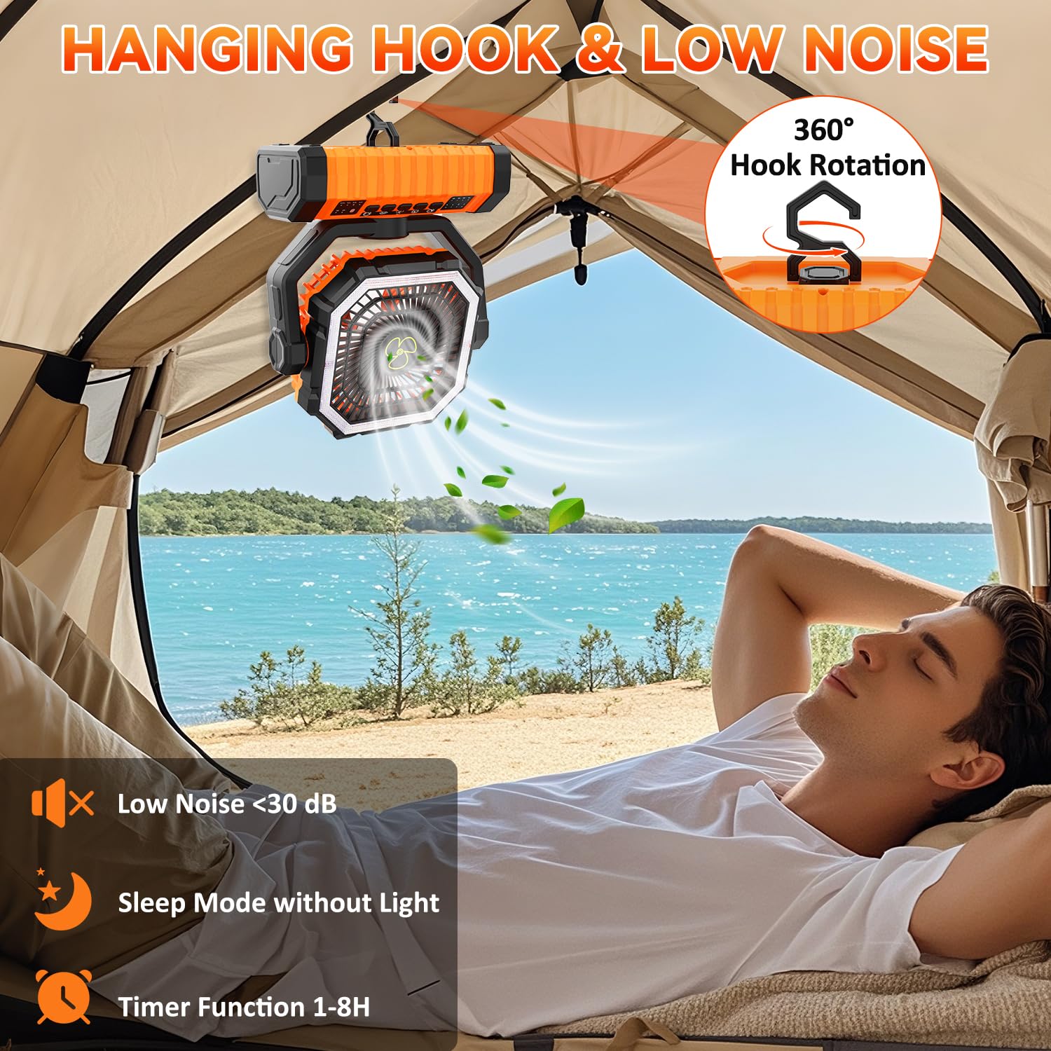 Camping Fan Rechargeable, 20000mAh Large Battery Powered Fan, 4 Speed Cordless Rechargeable Fans with Remote, Battery Operated Fans Portable with LED Light and Hanging Hook for Camp Tent Beach Outdoor