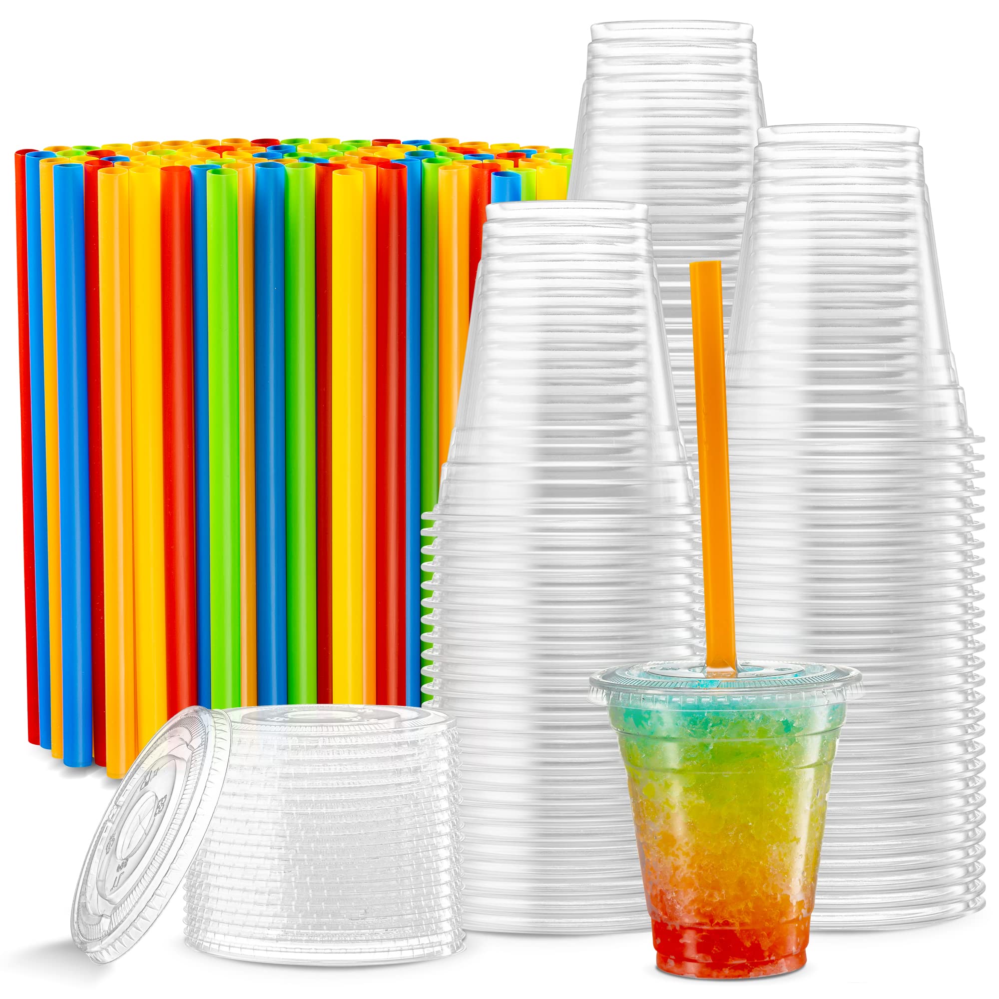ELEGANT DISPOSABLES [40 Sets - 12 Oz] Crystal Clear Plastic PET Cups With Flat lids & Straws for Iced Coffee, Cold Drinks, Milkshake, Slush Cups, Smoothy's, Slurpee, Party's, Plastic Disposable Cups
