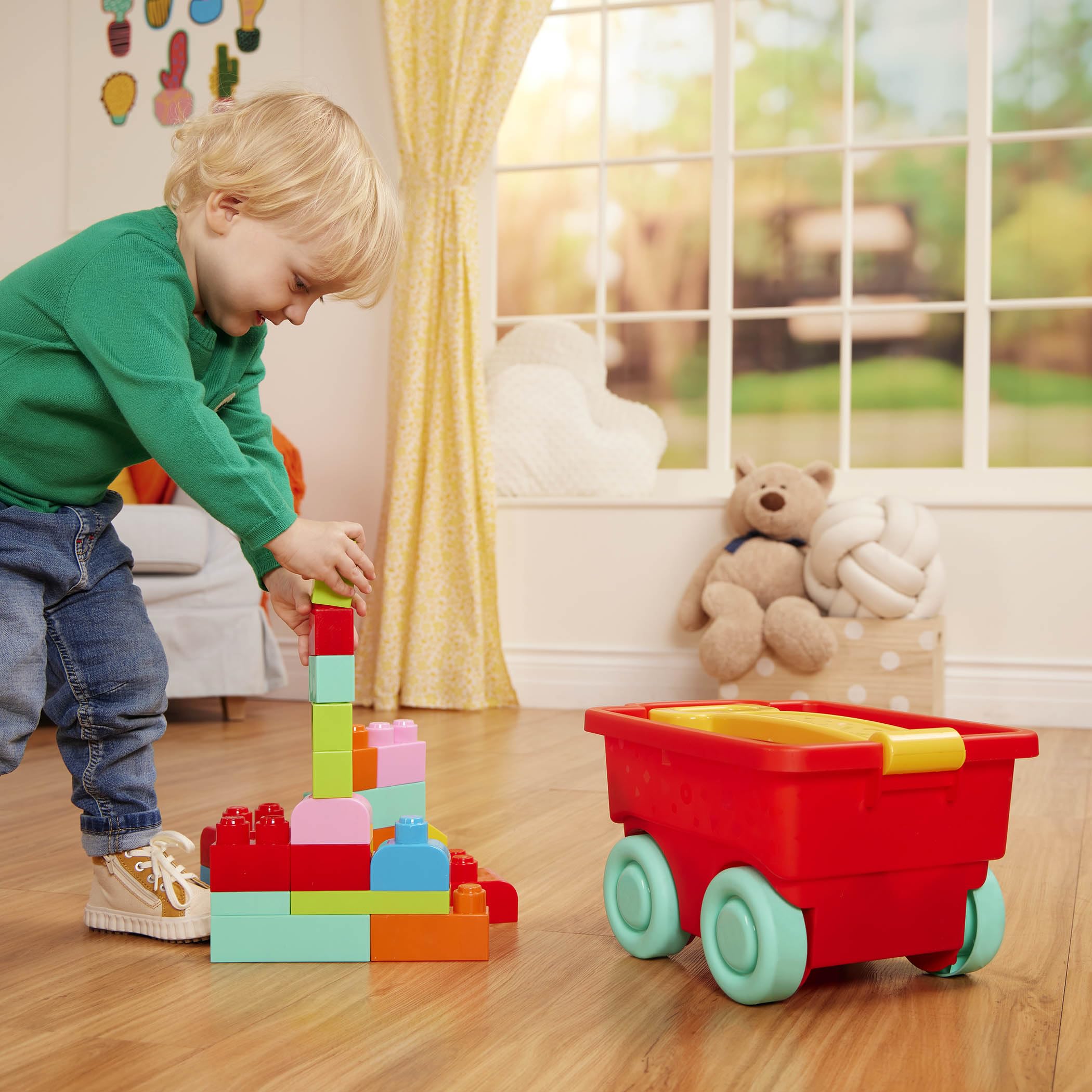 Battat – Building Blocks – 47 Pieces Brick Set – Colorful & Chunky Bricks – Unique Wheel Bricks – 12+ Months – Locbloc Red Builder's Wagon