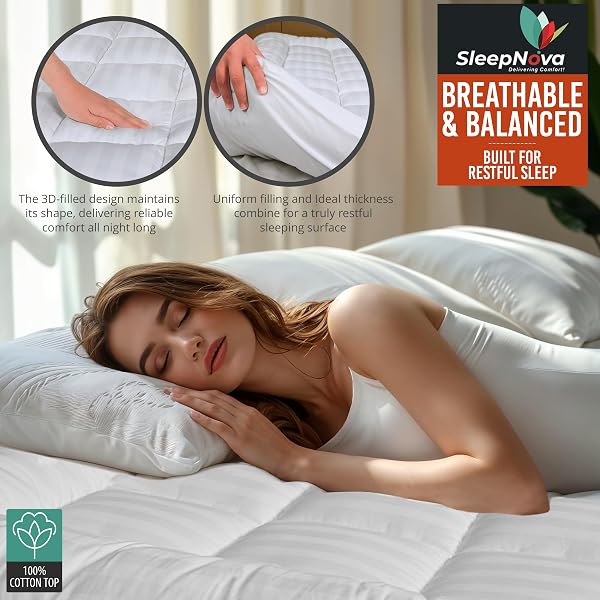 SLEEPNOVA’S COOLING MATTRESS TOPPER FULL – 100% COTTON PILLOW TOP THAT KEEPS YOU COOL, RELIEVES BACK PAIN & ADDS CLOUD-LIKE COMFORT WITH DEEP POCKET FIT (8”-21”), SOFT & MACHINE WASHABLE