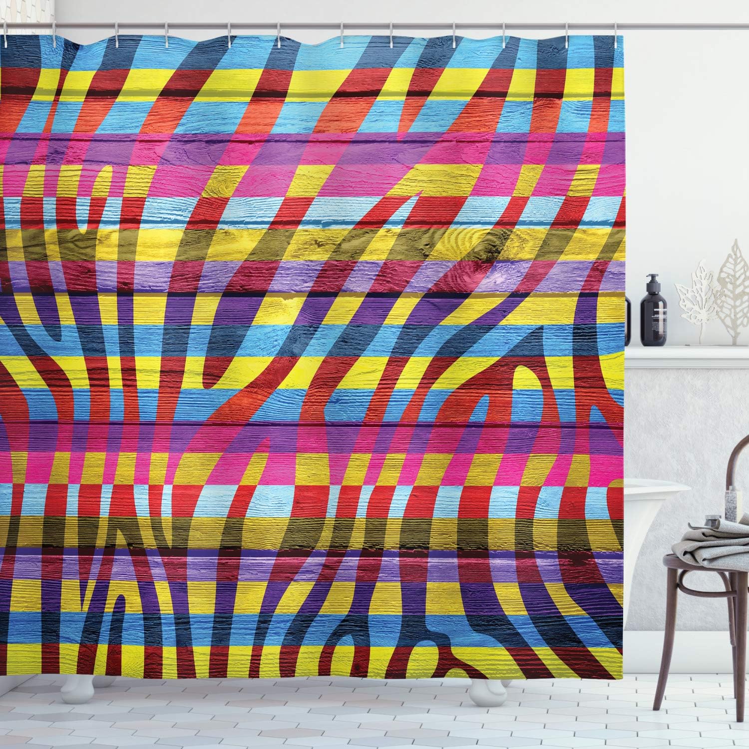 Amazon Com Ambesonne Zebra Print Decor Shower Curtain Set Vibrant Colored Zebra Print On Wooden Penal Vertical Curvy Lines Artful Design Bathroom Accessories 75 Inches Long Fuchsia Yellow Home Kitchen